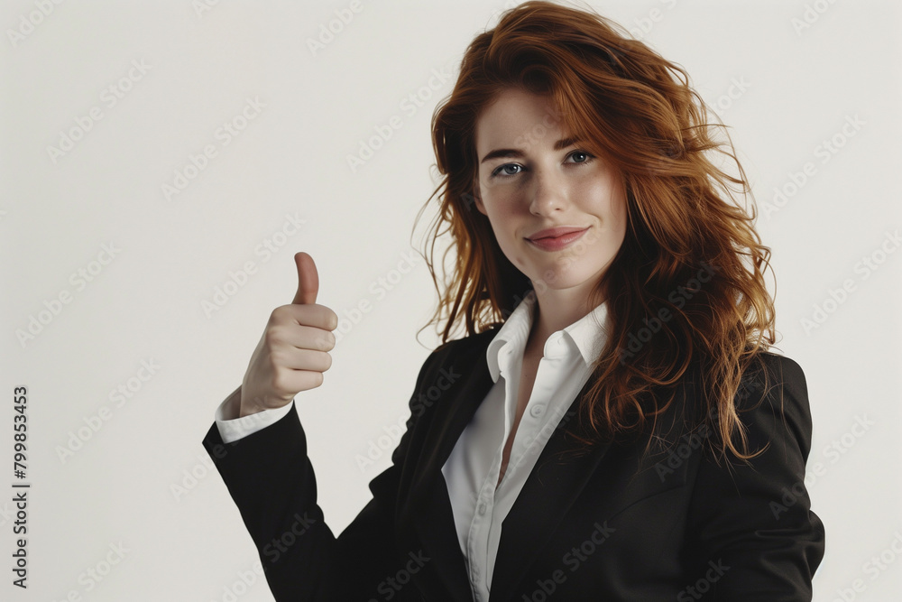 powerful portrayal of a successful businesswoman expressing satisfaction and achievement with a thumbs-up, her poised demeanor and assertive stance standing out against a pure whit