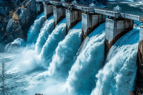 Rushing Water Through Hydroelectric Dam Gates Against Blue Skies