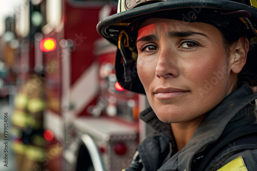 A woman firefighter in a fireman's hat is standing in front of a fire truck