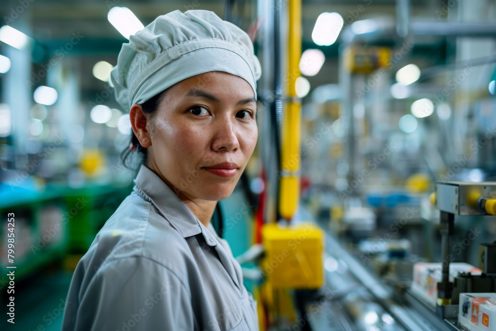 A factory worker stands in front of a machine and conveyor in factory A factory worker stands in front of a machine and conveyor in factory