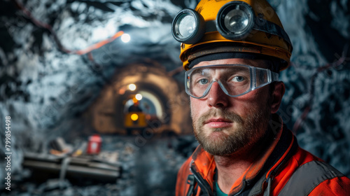 A miner wearing a hard hat and goggles working in mining construction site.