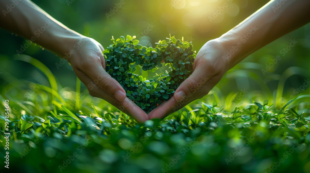 Hands holding green plant heart-shaped symbol at sunrise