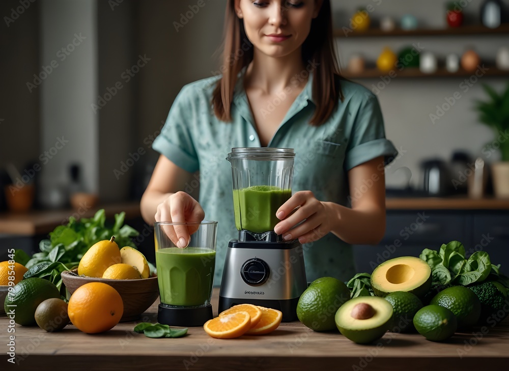 Woman is preparing a healthy detox drink in a blender - a green smoothie with fresh fruits, green spinach and avocado. Healthy eating concept, ingredients for smoothies on the table, top ... See More
