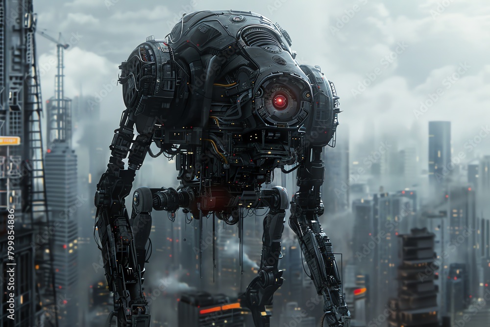 Create a striking image of a futuristic robot showcasing intricate metallic details against a dystopian city backdrop Depict unique camera perspectives capturing its imposing prese Create a striking image of a futuristic robot showcasing intricate metallic details against a dystopian city backdrop Depict unique camera perspectives capturing its imposing prese