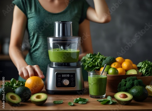 Woman is preparing a healthy detox drink in a blender - a green smoothie with fresh fruits, green spinach and avocado. Healthy eating concept, ingredients for smoothies on the table, top ... See More 