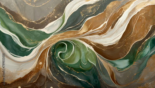 Abstract fluid art painting with swirling and wavy patterns of brown, green, grey and white earthy colors. Modern multicolor sinuous serpentine spiral flow mixing background.
