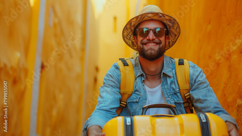 Happy traveler with sunglasses and straw hat holding a suitcase