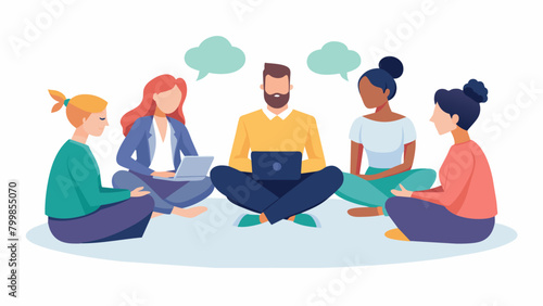 A group of colleagues sit crosslegged on the floor delving into a philosophical discussion on the concept of happiness.. Vector illustration