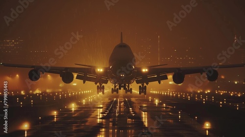 Passenger jet airplane taking off from airport runway for international travel and tourism
