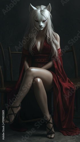 Mysterious Fantasy Portrait: Beautiful Woman Wearing Kitsune Mask and Red Cheongsam
