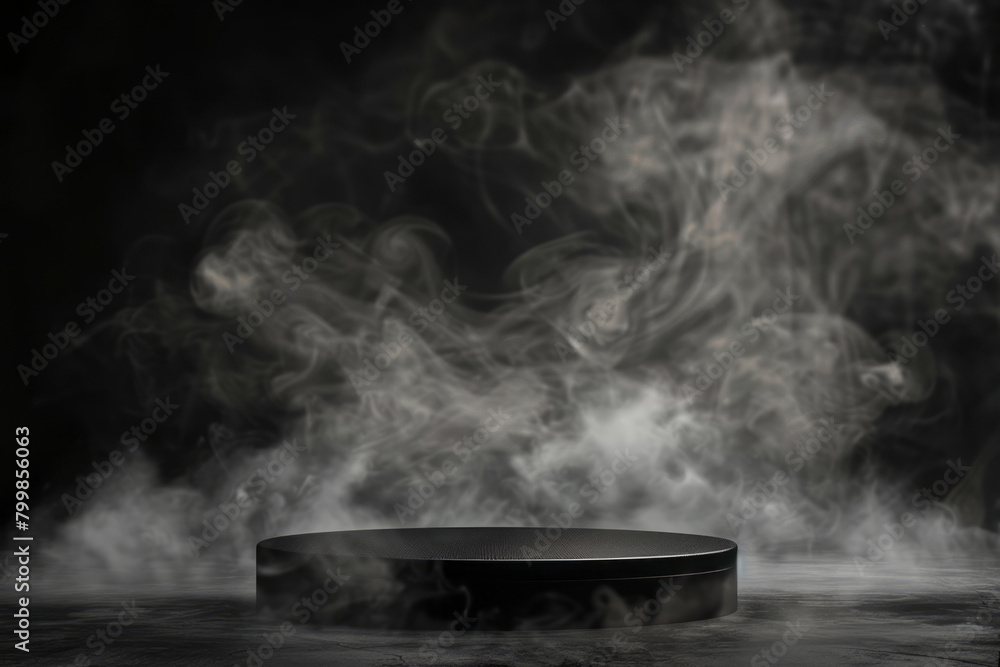 A black podium with smoke is a product presentation mockup, featuring a round pedestal enveloped in thick fog.