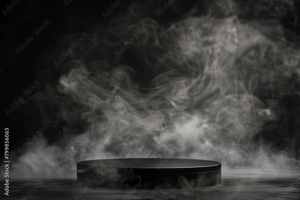 A black podium with smoke is a product presentation mockup, featuring a round pedestal enveloped in thick fog. A black podium with smoke is a product presentation mockup, featuring a round pedestal enveloped in thick fog.