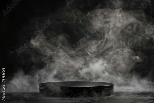 A black podium with smoke is a product presentation mockup, featuring a round pedestal enveloped in thick fog.