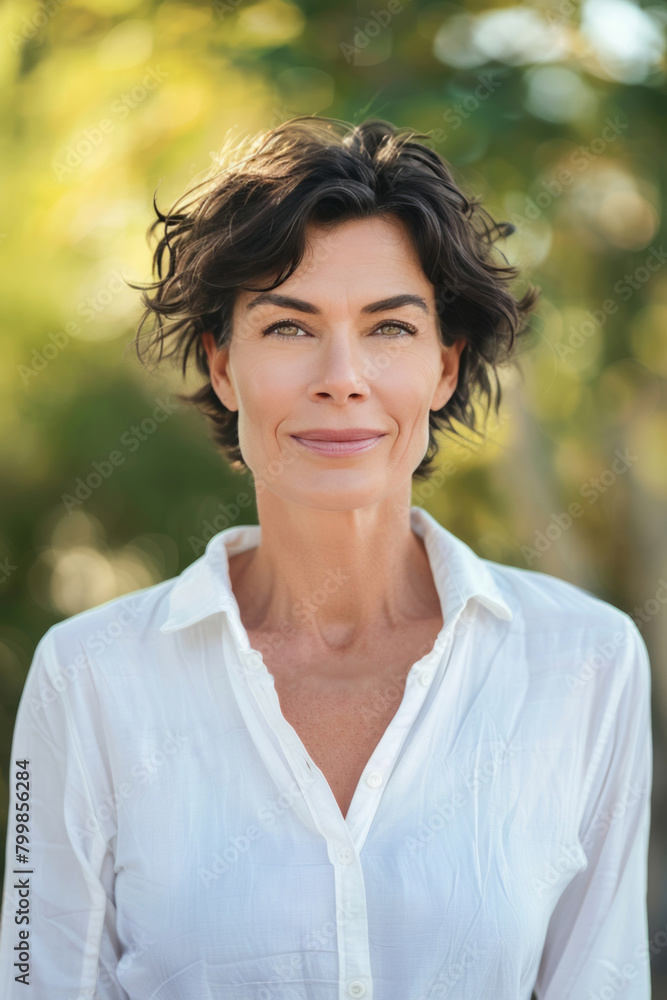 An attractive middle-aged woman in a white shirt, with wavy short hair and a subtle smile, stands on the street, looking directly at the camera. An attractive middle-aged woman in a white shirt, with wavy short hair and a subtle smile, stands on the street, looking directly at the camera.