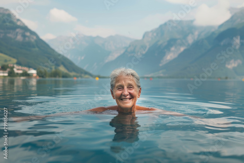 A senior woman swims in a lake with mountains in the background, enjoying nature and leading a healthy lifestyle during her summer vacation. © Duka Mer