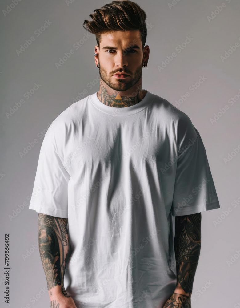 Obraz premium A tattooed man in an oversized white t-shirt poses for a full-body shot.