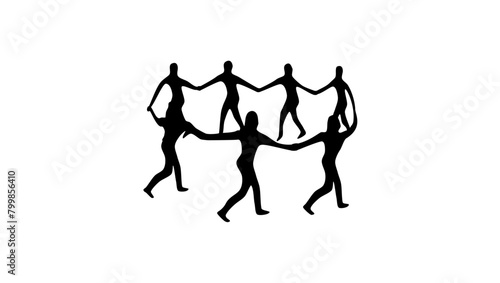 Multicultural people, people in a round dance, black isolated silhouette