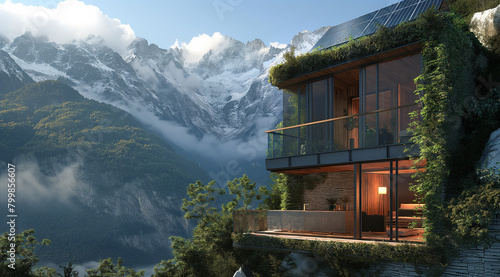 Wallpaper Mural Panneau solaire installé sur le balcon d'une maison écologique, entourée d'une végétation luxuriante et surplombant la beauté de la nature. Torontodigital.ca