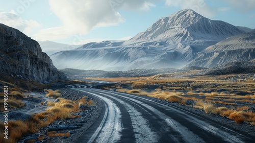 Cinematic panorama of an asphalt highway carving through the landscape to meet a mountain, vivid and detailed
