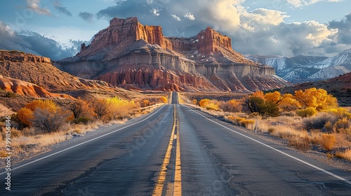 Cinematic panorama of an asphalt highway carving through the landscape to meet a mountain, vivid and detailed