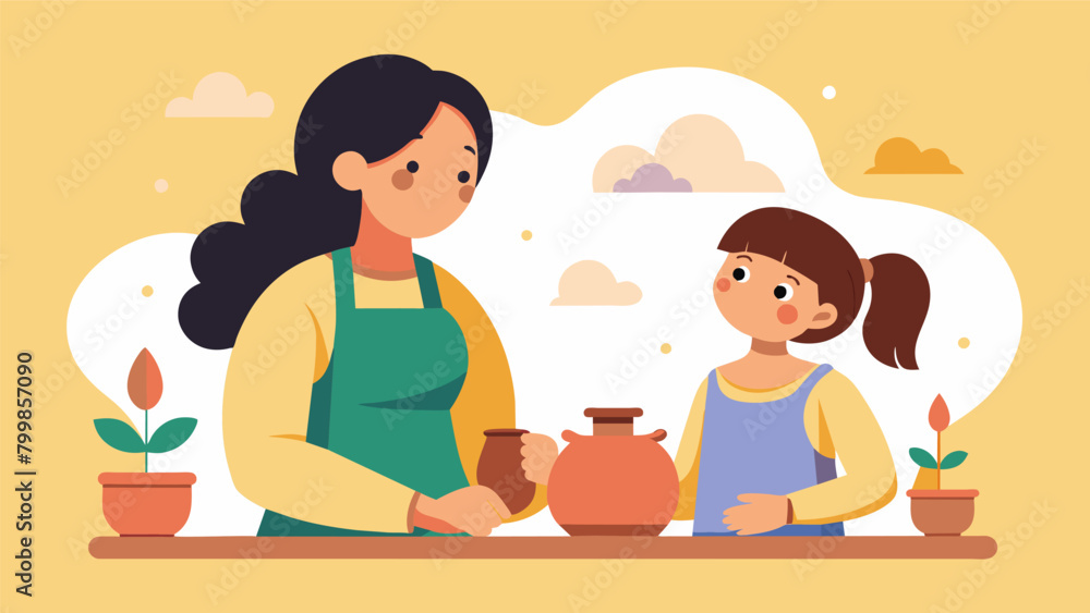 A mother and daughter creating pottery while discussing their dreams and fears.. Vector illustration A mother and daughter creating pottery while discussing their dreams and fears.. Vector illustration