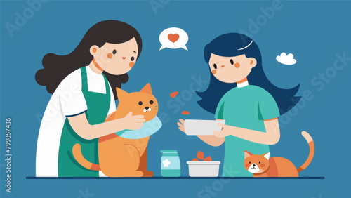 A volunteer teaching a new recruit how to prepare meals and administer medication for sick cats both bonding over their determination to provide the. Vector illustration