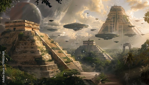 Illustrate the Garden of Time Travel with photorealistic precision  showcasing Mayan pyramids entwined with floating space stations  all bathed in an ethereal  time-bending glow