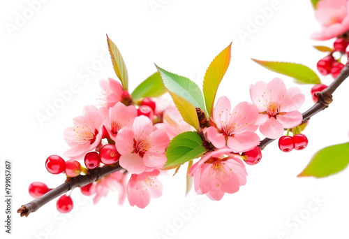 A close-up of a pink cherry blossom branch against a white background