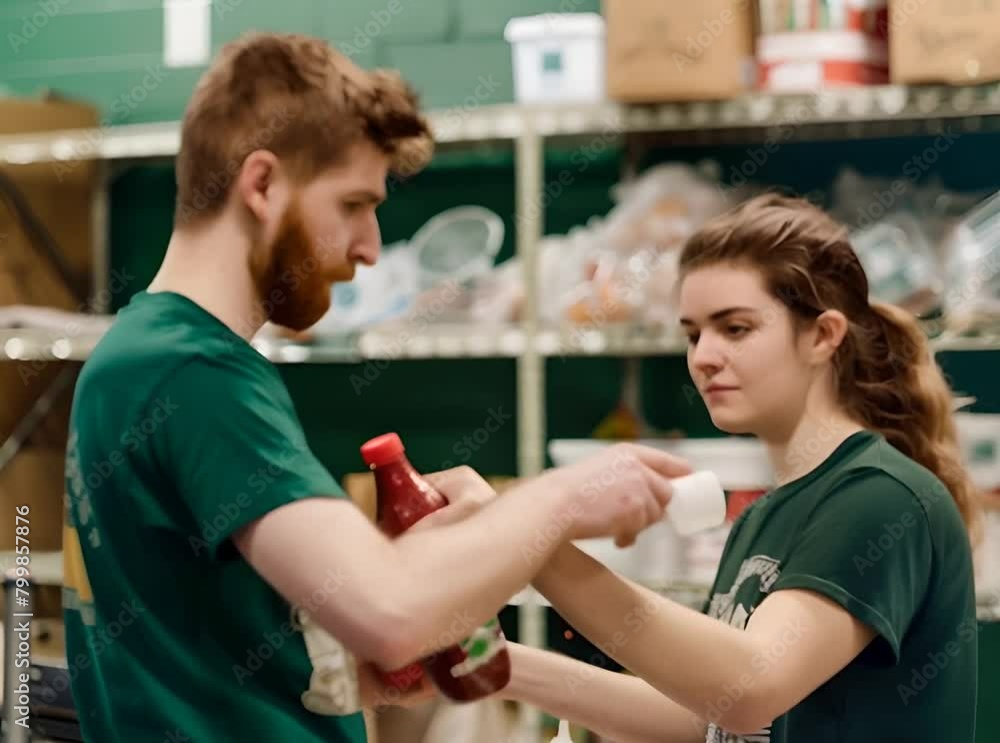 Two volunteers working together in a food bank, organizing donations for those in need. Generative AI Two volunteers working together in a food bank, organizing donations for those in need. Generative AI