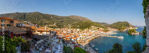 Greece, Preveza, Parga, Panorama of resort town on Ionian coast in summer photo
