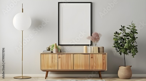 Mock up poster frame on cabinet in interior.3d rendering, Mock-up interior with dresser and decoration. 3d render illustration mockup, Loft style Living room and green wall sofa mock up Ai generated 