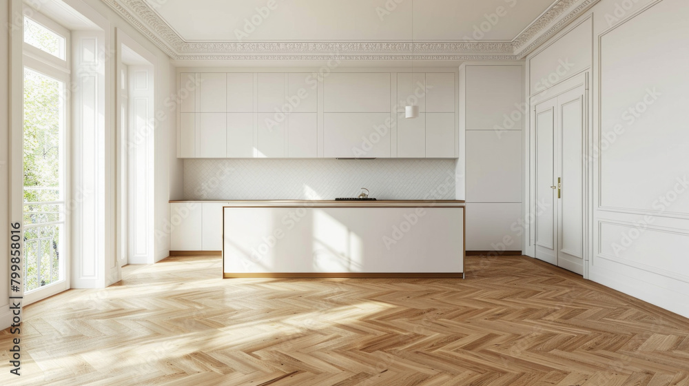 Interior of the kitchen in a beautiful new luxury home with a kitchen island and a bright, minimalist wooden floor Interior of the kitchen in a beautiful new luxury home with a kitchen island and a bright, minimalist wooden floor