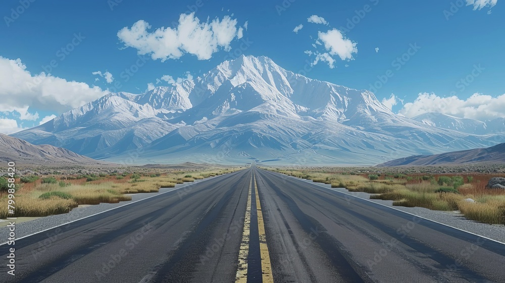 Straightforward view down an asphalt highway, drawing towards a grand mountain