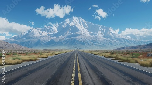 Straightforward view down an asphalt highway, drawing towards a grand mountain