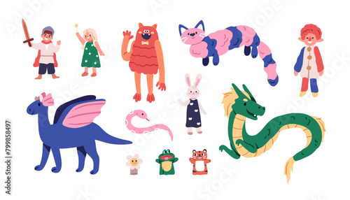 Plush toys, kindergarten set. Funny cute soft stuffed puppets, dolls, animals. Nursery dragon, monster, clown, cat, fairytale character. Kids flat vector illustration isolated on white background