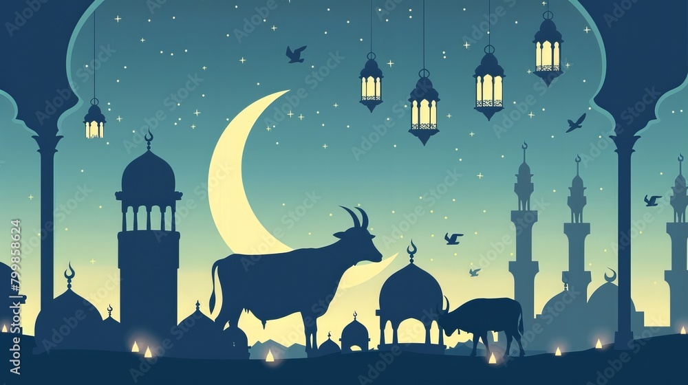 
Muslim holiday Islamic festival Celebratio  Eid al-Adha with buck silhouette and mosque illustration in crescent moon light poster, banner, flyer, background
