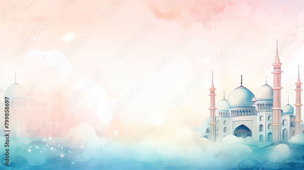 Fototapeta premium Muslim holiday Islamic festival Celebratio Eid al-Adha with buck silhouette and mosque illustration in crescent moon light poster, banner, flyer, background 