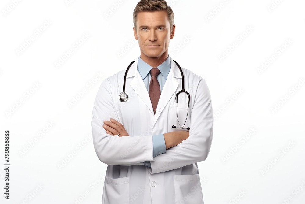 Doctor in white lab coat is standing with his arms crossed. He is wearing tie and stethoscope around his neck. Concept of professionalism and authority. Generative ai. Doctor in white lab coat is standing with his arms crossed. He is wearing tie and stethoscope around his neck. Concept of professionalism and authority. Generative ai.