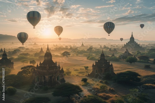 Sunrise Hot air balloon flying over old antique pagodas
