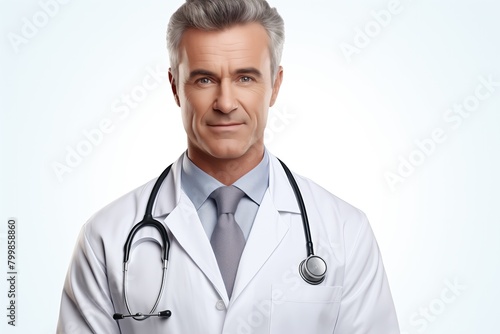 Cheerful doctor in white coat and tie with stethoscope on neck. Standing man. Generative AI. Medical worker.