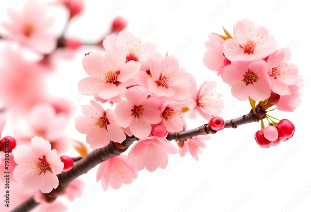A close-up photo of pink cherry blossoms on a tree branch against a white background