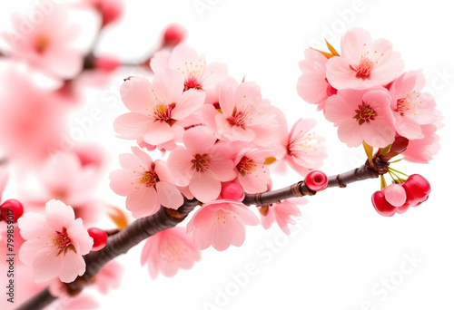 A close-up photo of pink cherry blossoms on a tree branch against a white background