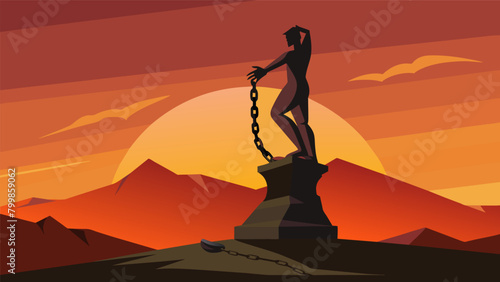 As the sun sets a sculpture of a broken shackled foot being liberated is unveiled symbolizing the triumph over slavery and the perseverance in the. Vector illustration