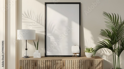 Mock up poster frame on cabinet in interior.3d rendering, Mock-up interior with dresser and decoration. 3d render illustration mockup, Loft style Living room and green wall sofa mock up Ai generated  photo