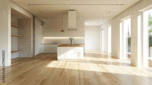 Interior of the kitchen in a beautiful new luxury home with a kitchen island and a bright  minimalist wooden floor