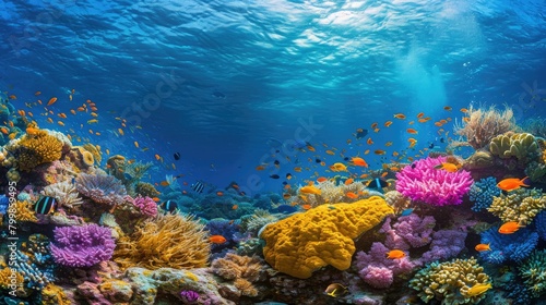 An underwater coral reef scene, diverse marine life, vivid colors, showcasing the beauty and diversity of ocean life. Underwater photography, coral reef ecosystem, diverse marine life,. Resplendent.