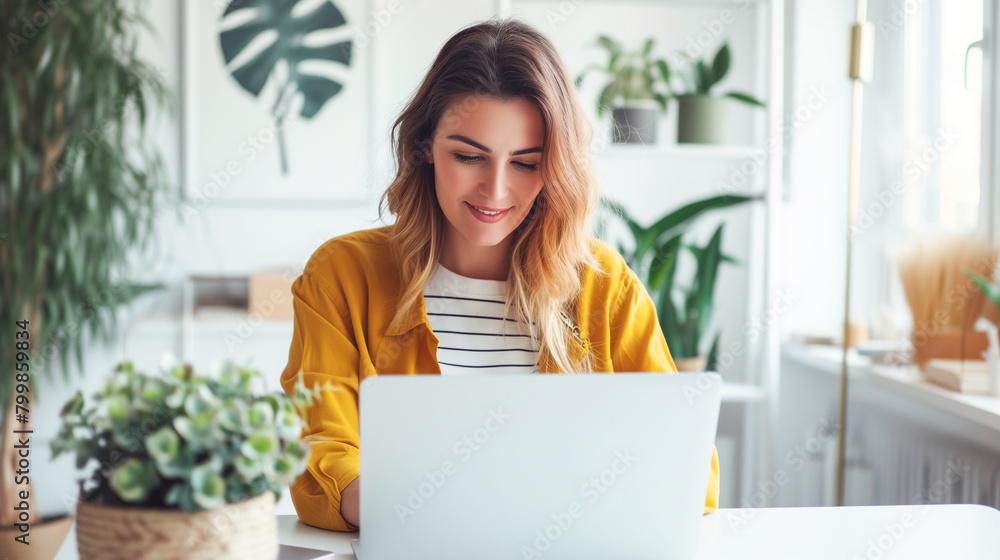Сheerful and attractive girl performs office tasks remotely from the comfort of her home. She is seen using a laptop computer, engaged in distance learning and online work in a well-lit, white room se Сheerful and attractive girl performs office tasks remotely from the comfort of her home. She is seen using a laptop computer, engaged in distance learning and online work in a well-lit, white room se