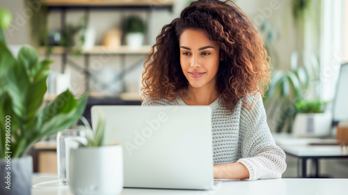 Сheerful and attractive girl performs office tasks remotely from the comfort of her home. She is seen using a laptop computer, engaged in distance learning and online work in a well-lit, white room se photo