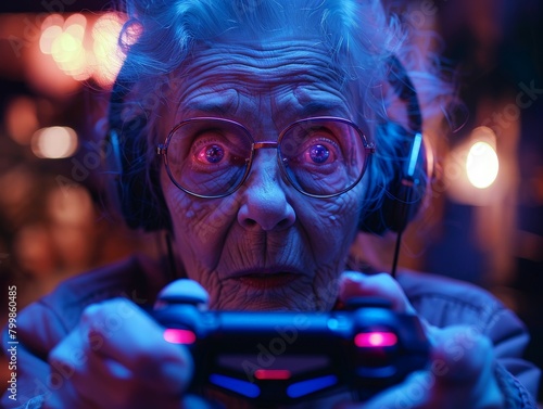 Elderly lady playing a vide...