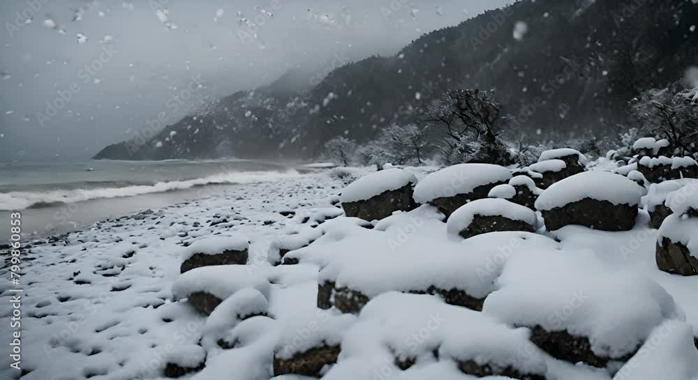 Snow falling on tropical island on the ocean coast Snow falling on tropical island on the ocean coast